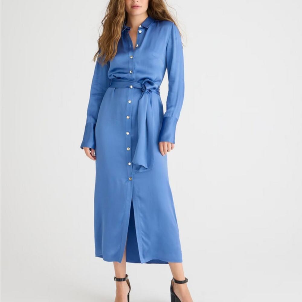 J.Crew Satin Maxi Dress 6 Blue Luster Crepe Button Front Long Sleeve NWT No Belt